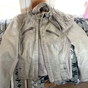 Faux Leather Jacket w/ Knitted Hood